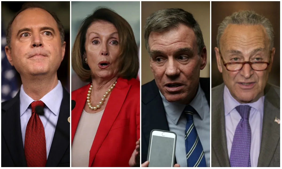 L-R Rep. Adam Schiff (D-CA) (Chip Somodevilla/Getty Images)
Rep. Nancy Pelosi (D-CA) (Mark Wilson/Getty Images)
Sen. Mark Warner (D-VA) (Alex Wong/Getty Images)
Sen. Chuck Schumer (D-NY) (Zach Gibson/Getty Images)