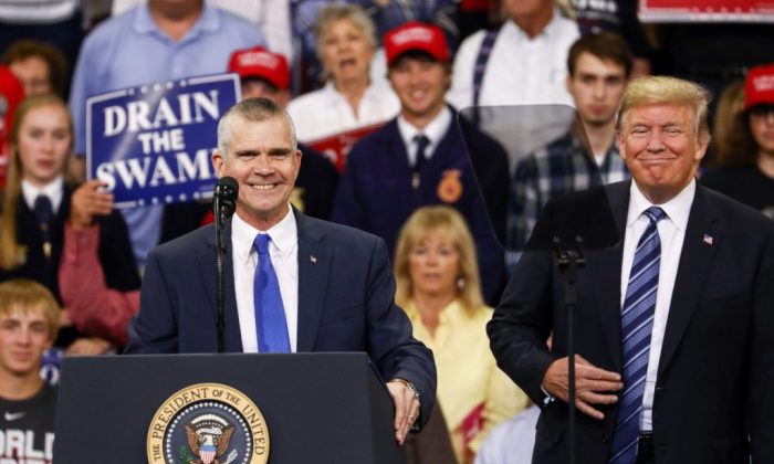 Republican Senate candidate for Montana Matt Rosendale speaks at President Donald Trump’s Make America Great Again rally in Billings, Mont. on Sept. 6, 2018. (Charlotte Cuthbertson/The Epoch Times)