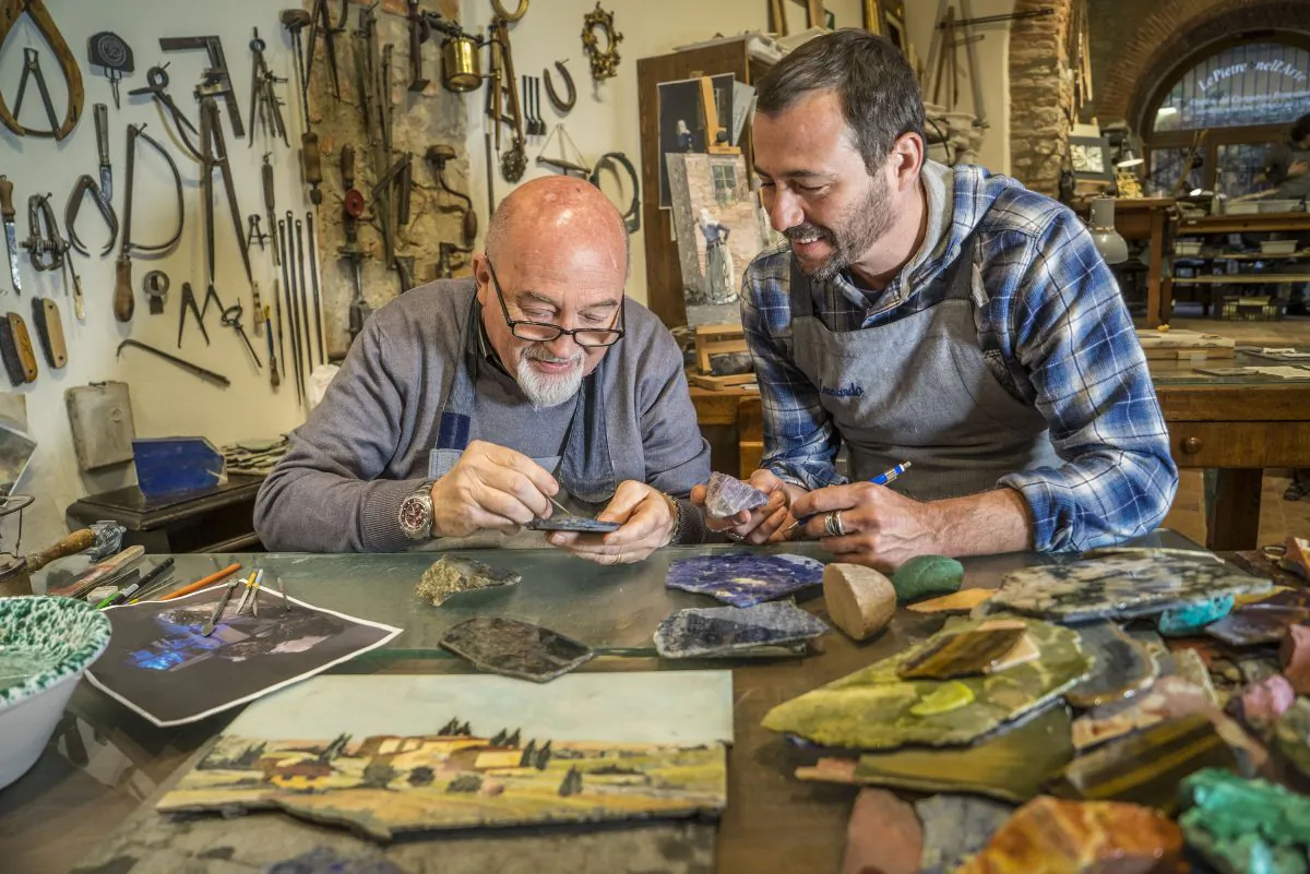 Renzo and Leonardo Scarpelli in the Scarpelli Mosaici workshop in Florence, Italy. (Guido Cozzi)