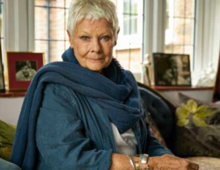 Dame Judi Dench sits on a couch