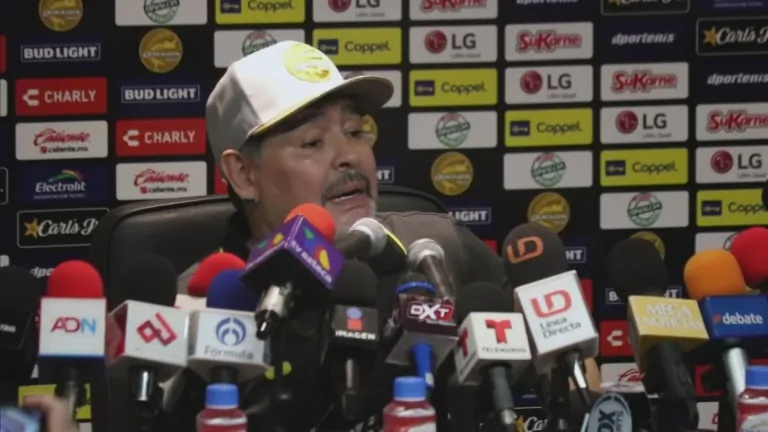 Soccer legend Diego Maradona speaks at a news conference after winning his first match as the new coach of the Los Dorados soccer team in Culiacán, Mexico, on Sept. 17, 2018. (Reuters)