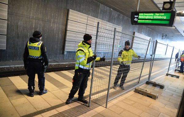 A temporary fence is erected between domestic and international tracks at Hyllie train station