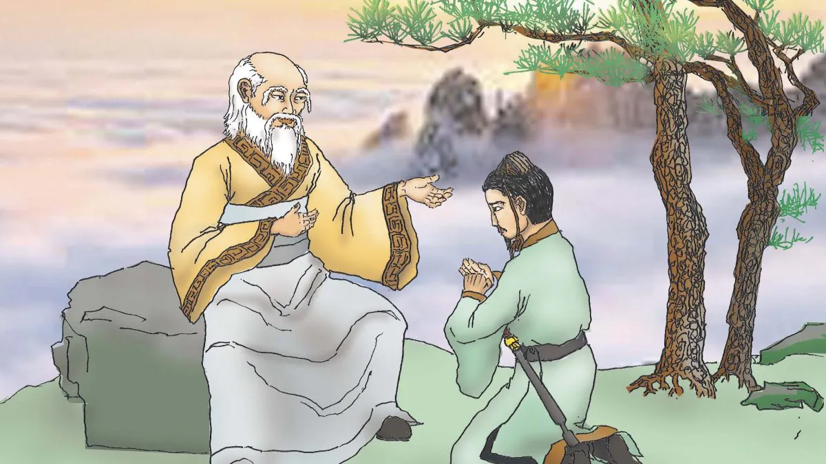 The supreme Old Lord teaching Iron Crutch Li Taoism. (Illustration by Sun Mingguo/Epoch Times)