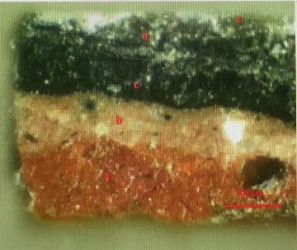 A cross section of colored layers of paint in Rembrandt portrait
