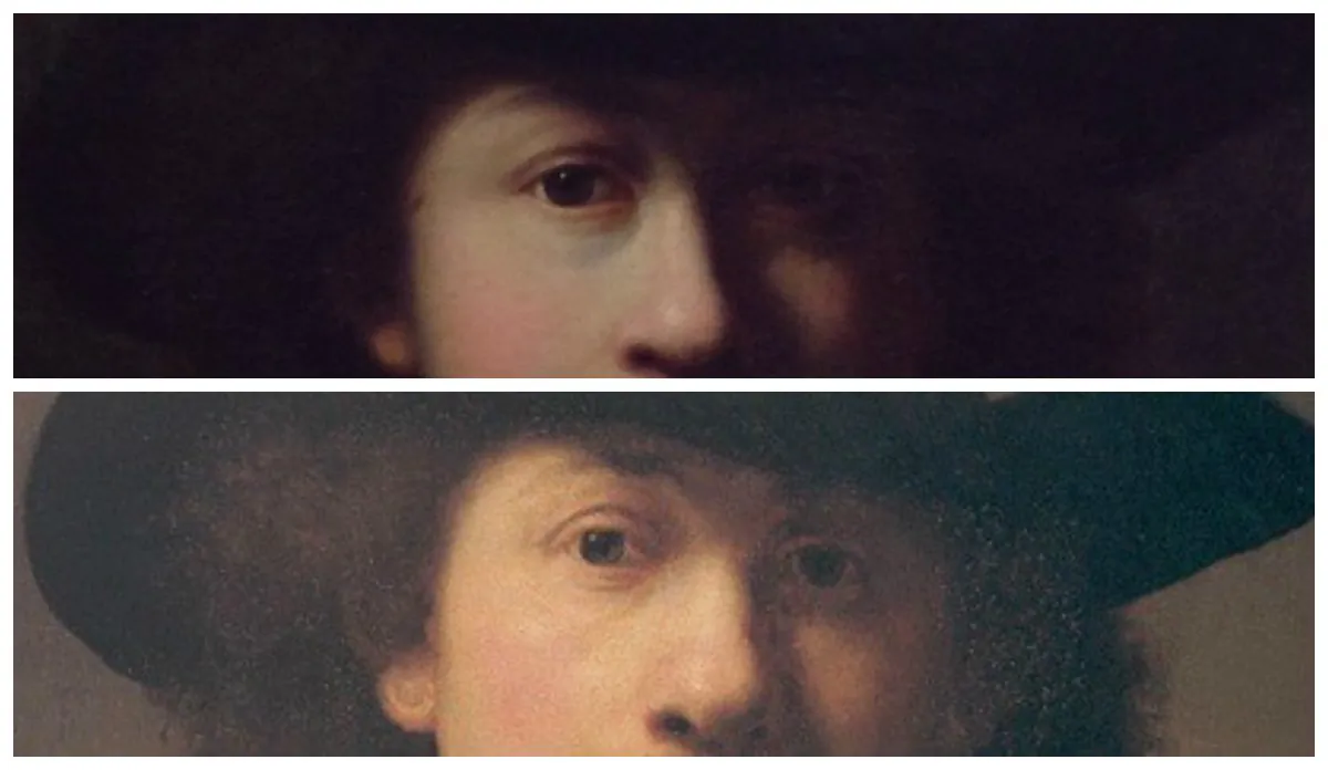 Top: A portrait, possibly a self-portrait by Rembrandt, currently undergoing authentication. (Courtesy of Anna Catellani) Bottom: Self-portrait of Rembrandt, 1632. The Burrell Collection. (CC BY-NC-ND)