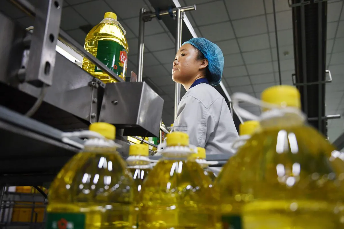 A worker monitors a soybean oil production line at an oil refinery factory in Sanhe City, Hebei Province, China, on July 19, 2018. (GREG BAKER/AFP/Getty Images)