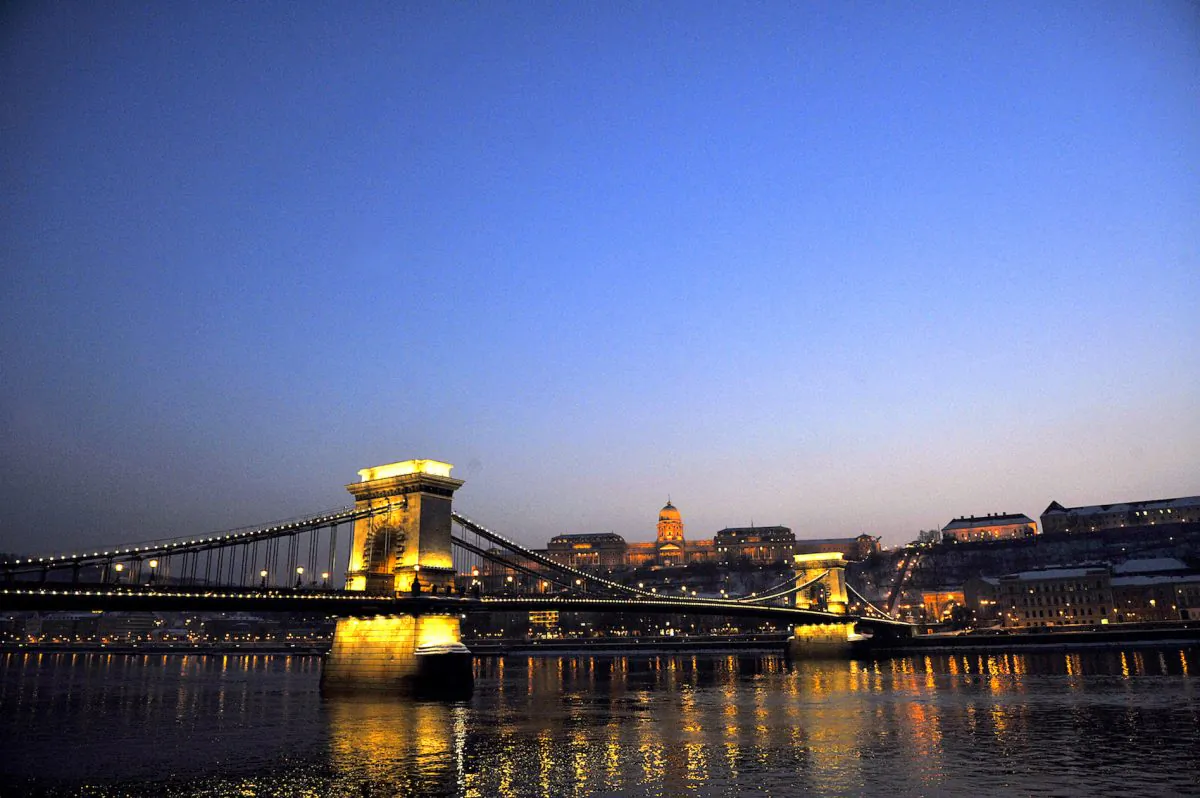 Hungary's oldest bridge, the Chain Bridge (Lanchid), over the Danube River in downtown Budapest. In the background stands the Buda Palace. (Attila Kisbenedek /AFP/Getty Images)