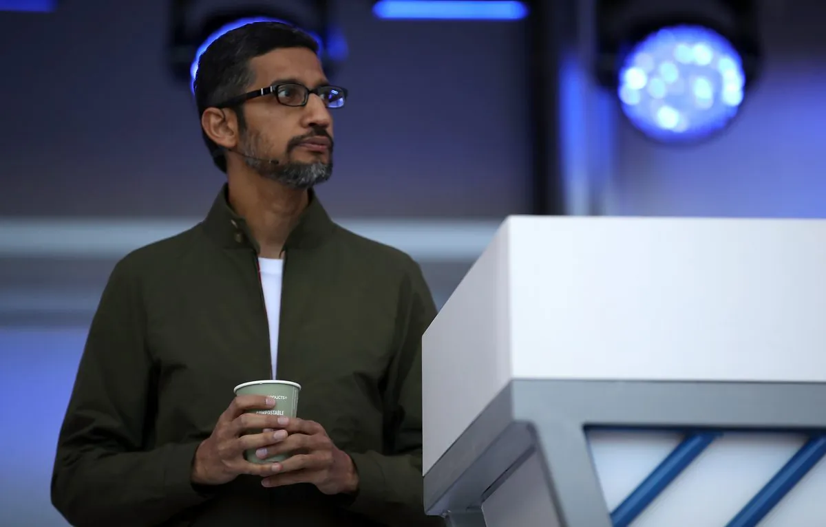 Google CEO Sundar Pichai at the Google I/O 2018 Conference at Shoreline Amphitheater in Mountain View, Calif., on May 8, 2018. (Justin Sullivan/Getty Images)