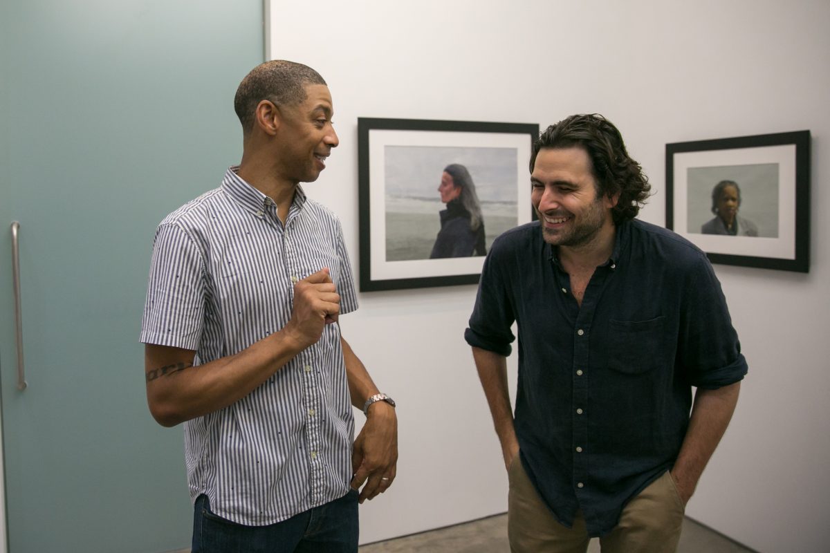 Artists Mario A. Robinson and Jordan Sokol celebrate at the opening at Bernarducci Gallery