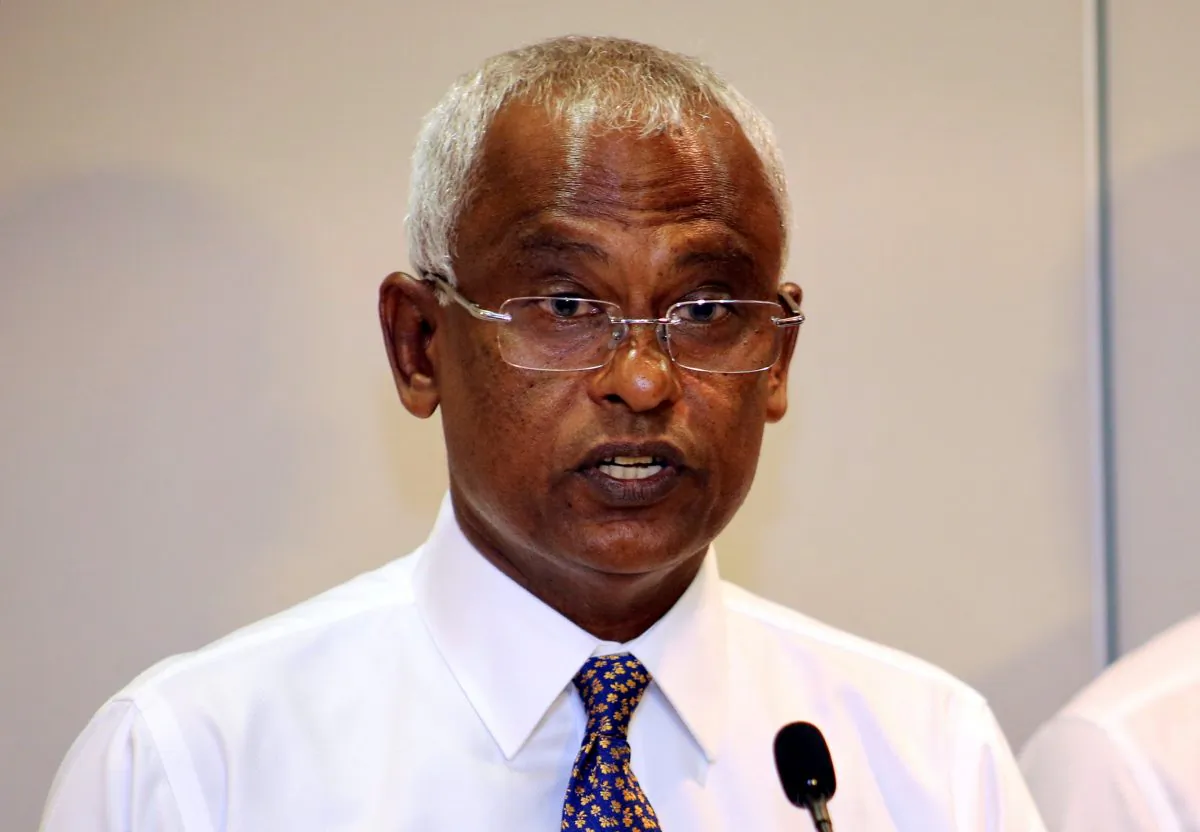 Ibrahim Mohamed Solih speaks to the media at the end of the presidential election day in Male, Maldives on Sept. 23, 2018. (Ashwa Faheem/Reuters)