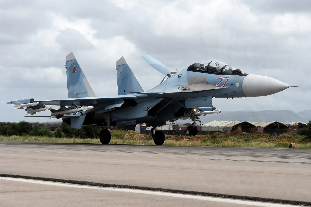 A Russian Su-35 bomber lands at the Hmeimim military base in Latakia Province, Syria, on May 4, 2016. (VASILY MAXIMOV/AFP/Getty Images)