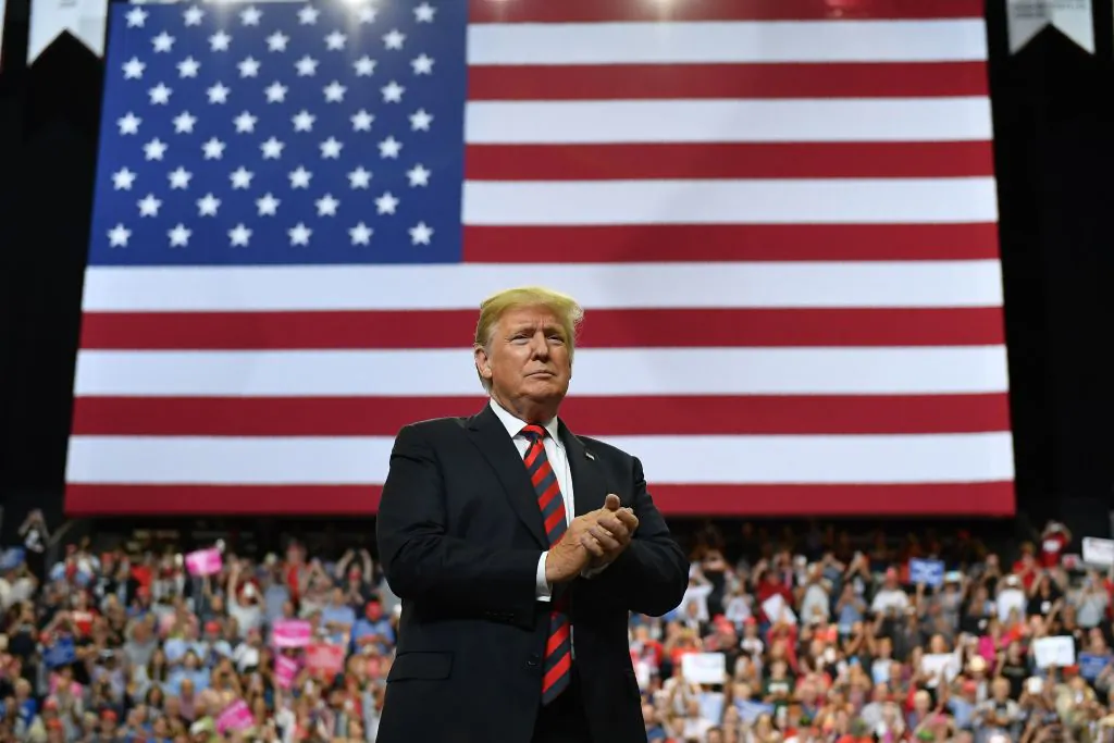 US President Donald Trump looks at the crowd during a rally at JQH Arena in Springfield, Missouri on Sept. 21, 2018. (Mandel Ngan/AFP/Getty Images)