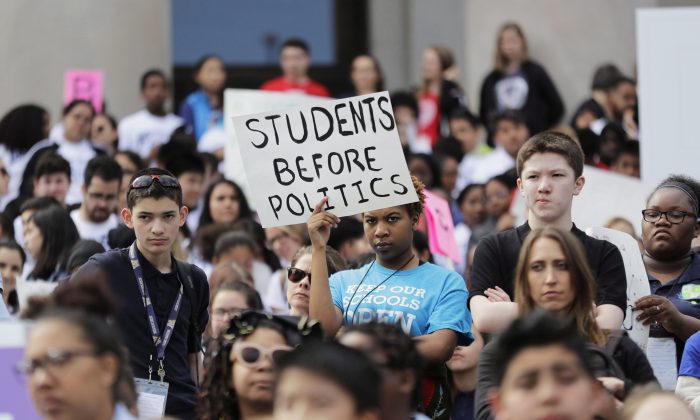Destiny Charter Middle School students rally to support charter schools in Olympia, Washington state, on May 17, 2018, after teachers’ unions sued over the state’s 2016 charter school law. (Ted S. Warren/AP Photo)