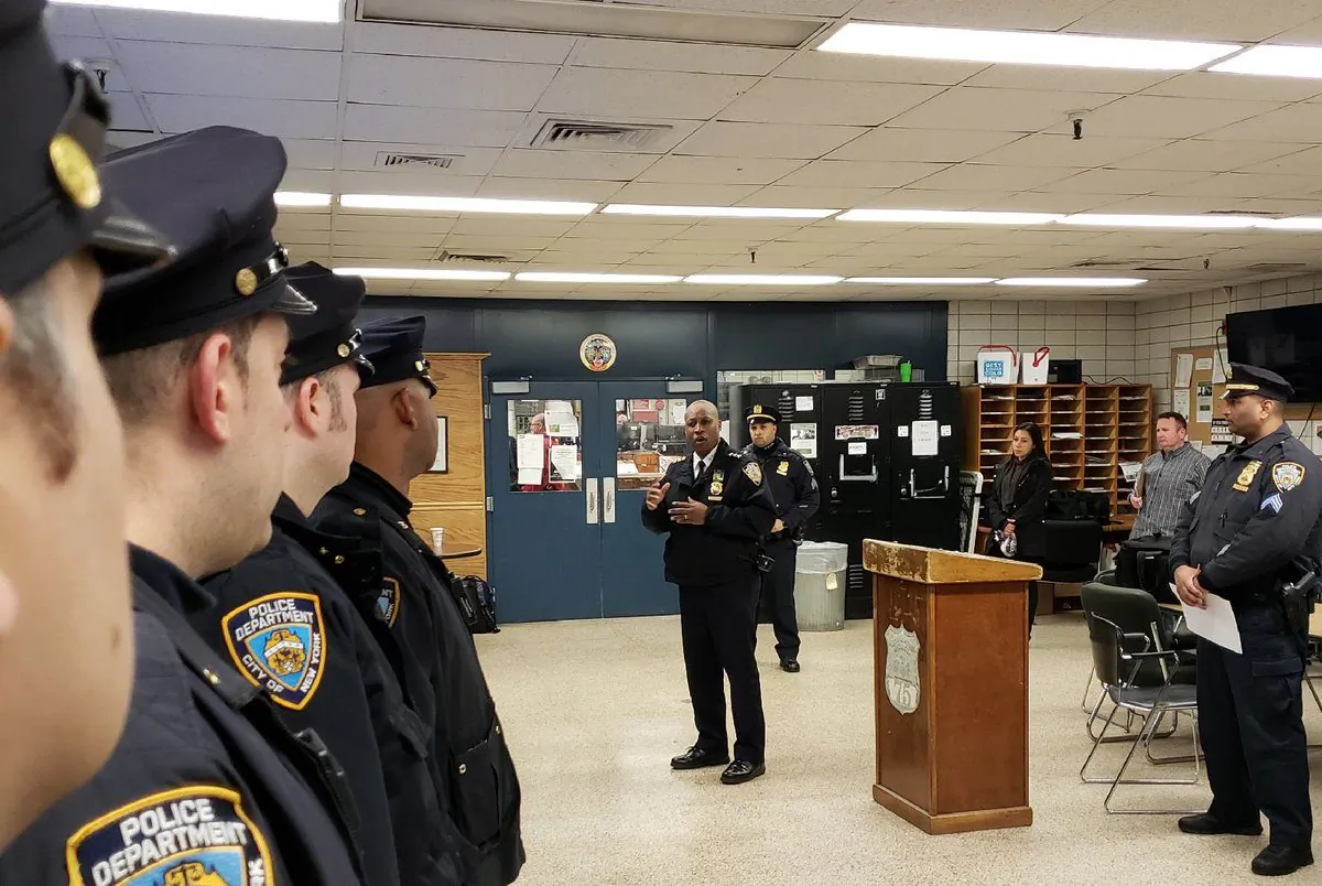 1.	NYPD Chief of Patrol Rodney Harrison speaks to 75th Precinct officers during roll call, Apr.9, 2018, Brooklyn, New York. (Courtesy NYPD)