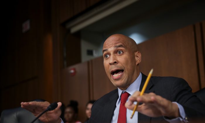 Sen. Cory Booker (D-N.J.) questions Supreme Court nominee Judge Brett Kavanaugh before the Senate Judiciary Committee on Capitol Hill in Washington on Sept. 6, 2018. (Drew Angerer/Getty Images)