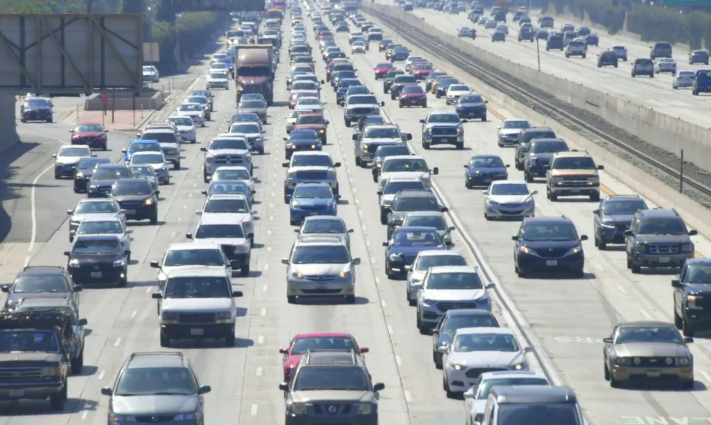Cars drive on a congested freeway in Los Angeles on Aug. 28, 2018. (Frederic J. Brown/AFP/Getty Images)