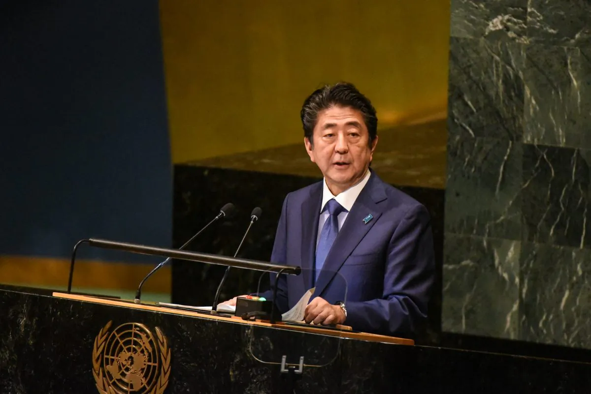 Prime Minister of Japan Shinzo Abe delivers a speech to the General Assembly at the United Nations during the United Nations General Assembly in New York City on Sept. 25, 2018. (Photo by Stephanie Keith/Getty Images)