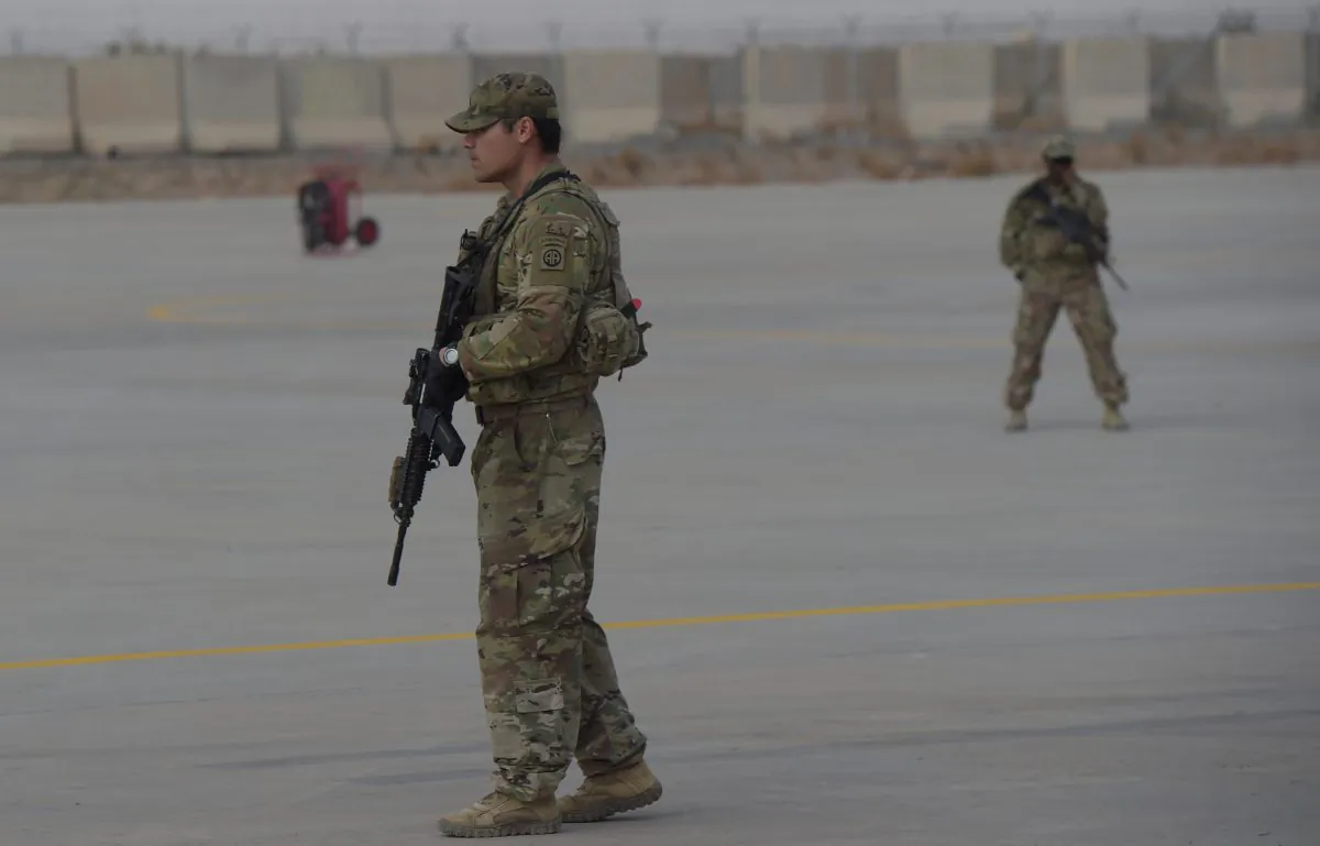 A U.S. soldier stands guard at Kandahar Air base in Afghanistan on Jan. 23, 2018. (Shah Marai/AFP/Getty Images)