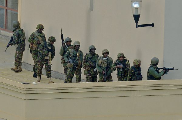 Kenyan soldiers on top of the Westgate shopping mall in Nairobi, Kenya,