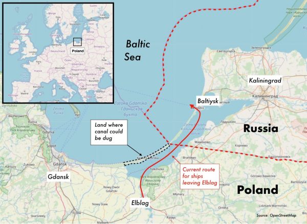 Map of proposed canal between Poland and the Baltic Sea