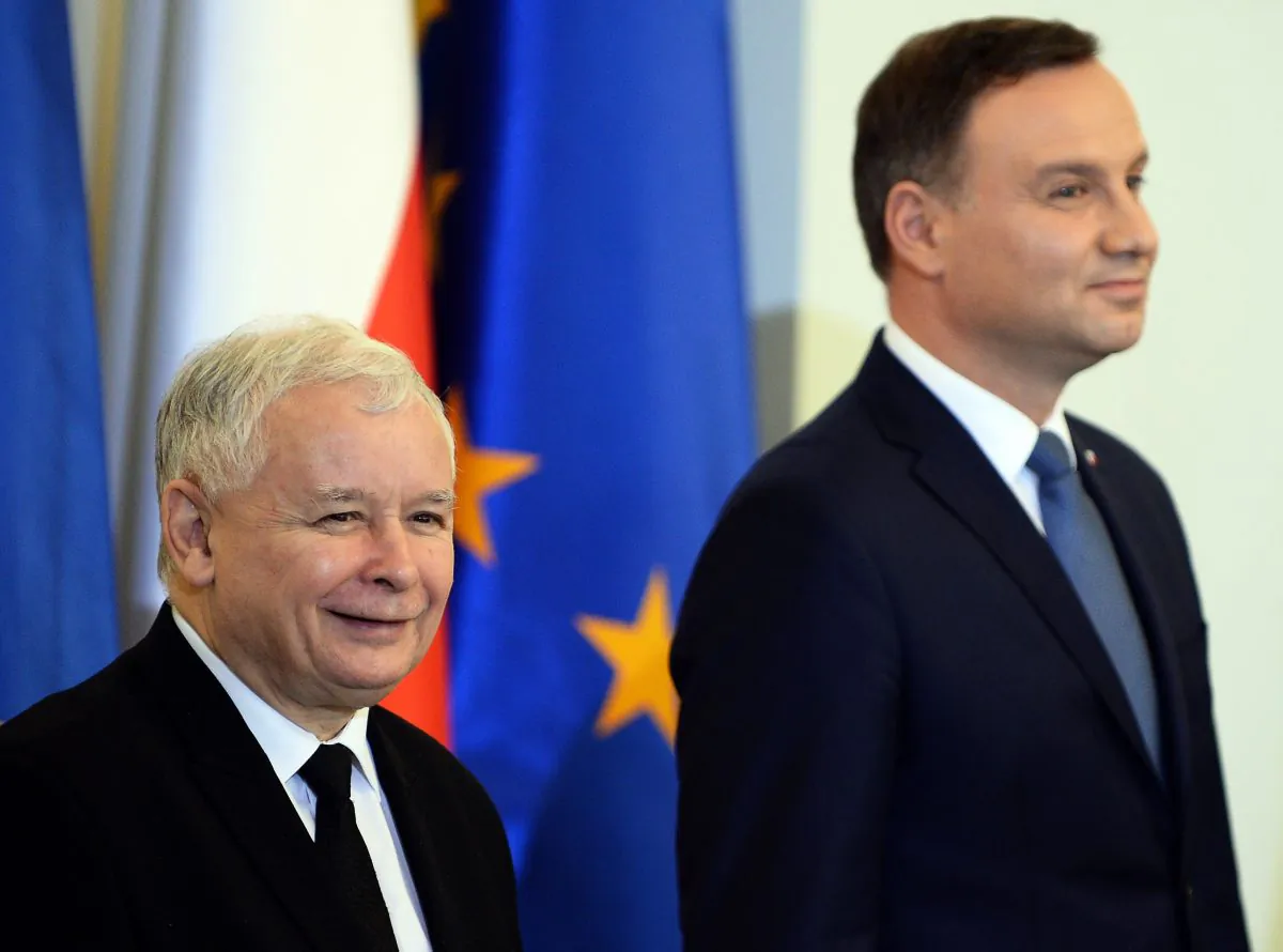 Polish President Andrzej Duda (R) and the leader of PiS (Law and Justice) party Jaroslaw Kaczynski attend the prime minister's nomination ceremony on Nov. 13, 2015. (Janek Skarzynski/AFP/Getty Images)