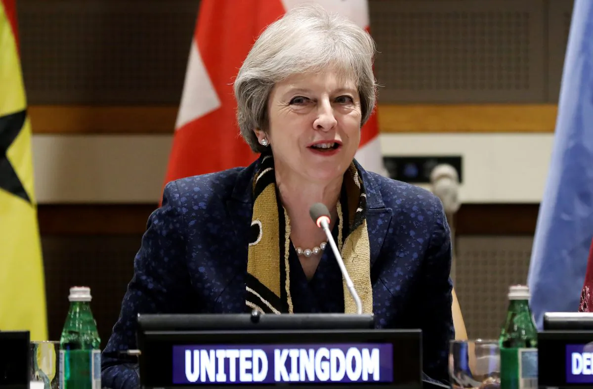 British Prime Minister Theresa May speaks at the U.N. headquarters in New York on Sept. 25, 2018. (Peter Foley/EPA-EFE/Pool via Reuters)