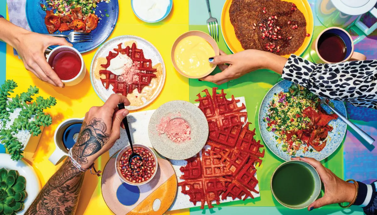 Odell's recipes, like these Calico Beet Waffles (center), are as naturally colorful as they are good for you. (AJ Meeker)
