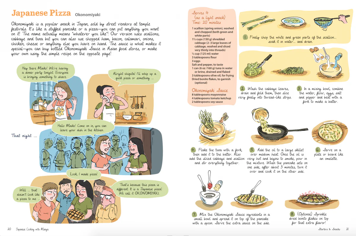 Whimsical illustrations guide you step-by-step through Japanese home cooking recipes.