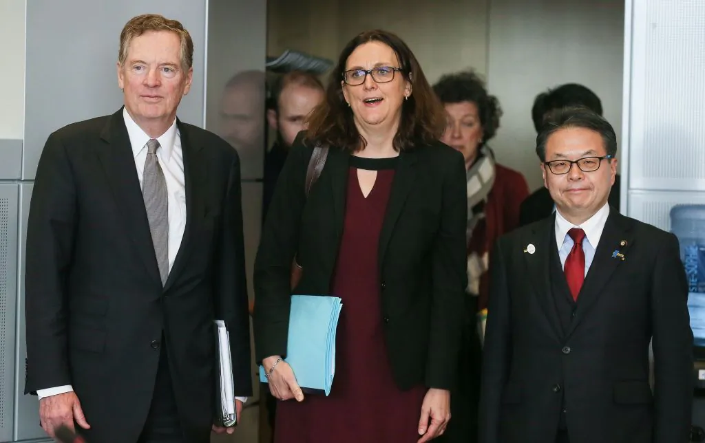 European Commissioner for Trade Cecilia Malmstrom (C), US trade representative Robert Lighthizer (L) and Japan's Economy Minister Hiroshige Seko arrive for a meeting for talks at the European Commission headquarters in Brussels, on March 10, 2018. (STEPHANIE LECOCQ/AFP/Getty Images)