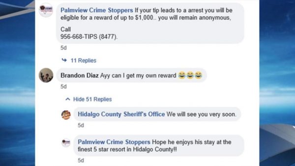 Facebook post by a suspect in which he asks for his own reward