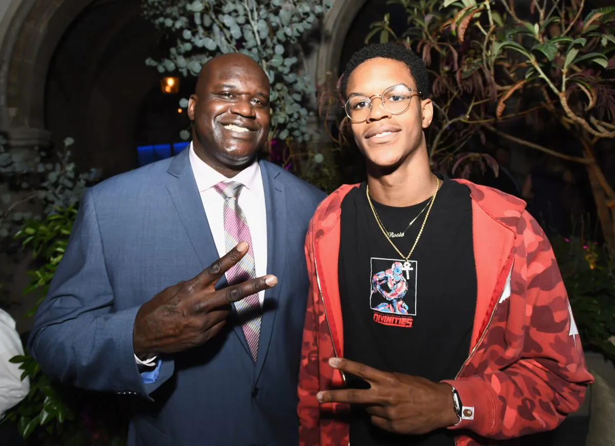 Former NBA player Shaquille O'Neal (L) and son Shareef O'Neal at Apple Music Launch Party Carpool Karaoke: The Series with James Corden on August 7, 2017 in West Hollywood, California. (Emma McIntyre/Getty Images for Apple)