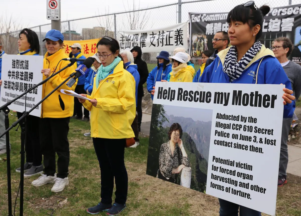 Hongyan Lu speaks at a rally in front of the Chinese Embassy in Ottawa seeking the release of her mother, Huixia Chen, a Falun Dafa prisoner of conscience in China, on April 25, 2017. (Donna He/The Epoch Times)
