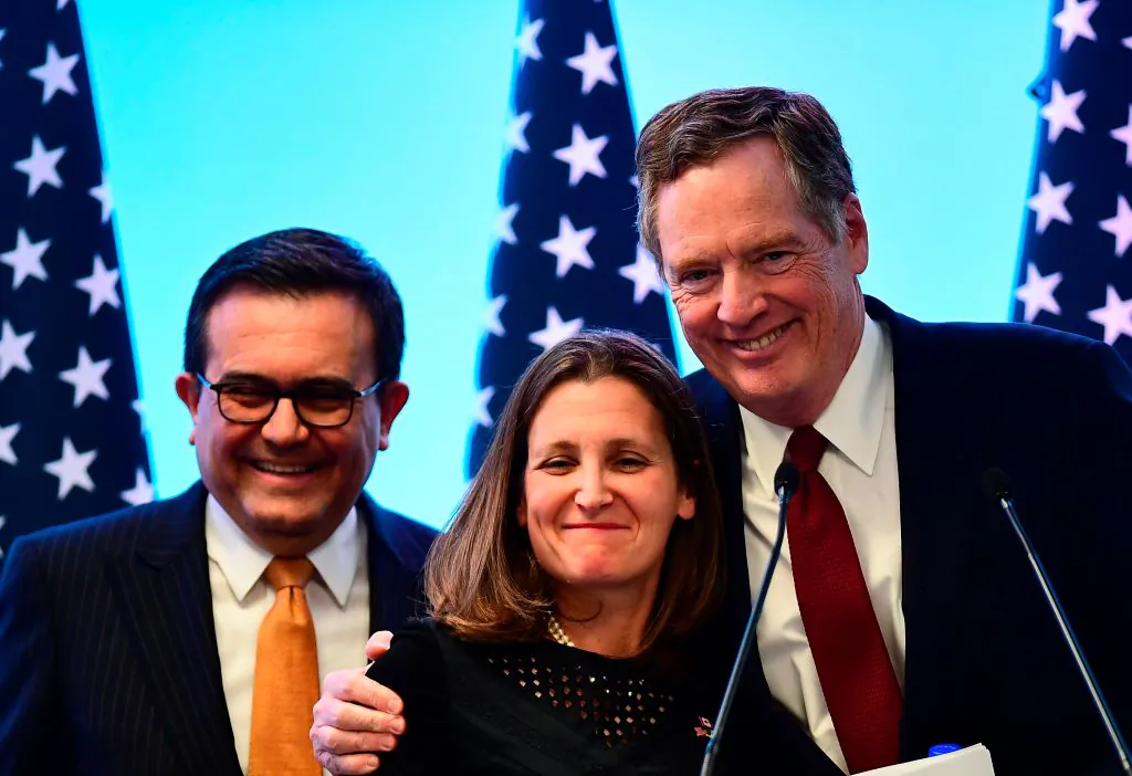 (L-R) Mexican Economy Minister Ildefonso Guajardo, Canadian Minister of Foreign Affairs Chrystia Freeland and US Trade Representative Robert Lighthizer pose for pictures before giving a message to the media during the seventh round of NAFTA talks in Mexico City, on March 5, 2018. (RONALDO SCHEMIDT/AFP/Getty Images)