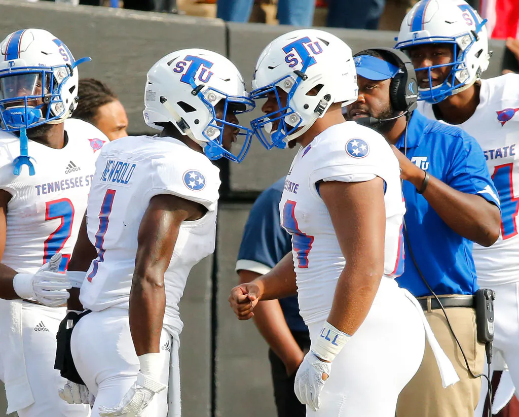 File photo showing players of the Tennessee State Tigers during the Sept. 29 game against the Vanderbilt Commodores in Nashville, Tenn., during which Christion Abercrombie sustained a head injury. Abercrombie remains in critical condition. (Frederick Breedon/Getty Images)