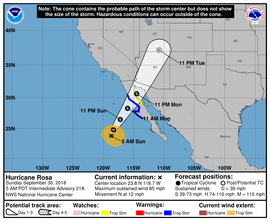 hurricane rosa's path to arizona and US
