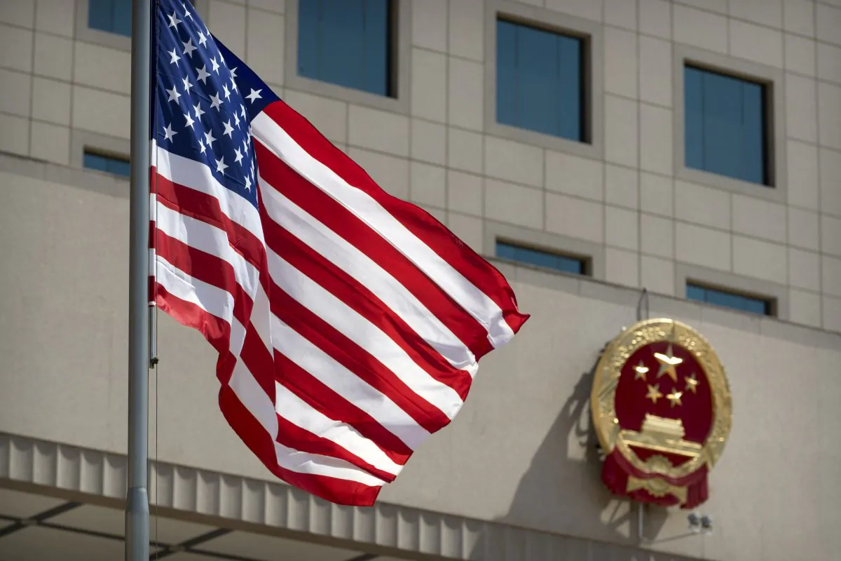 The American flag outside the Bayi Building before a welcome ceremony for U.S. Defense Secretary Jim Mattis in Beijing on June 27, 2018. (Mark Schiefelbein/ Reuters)