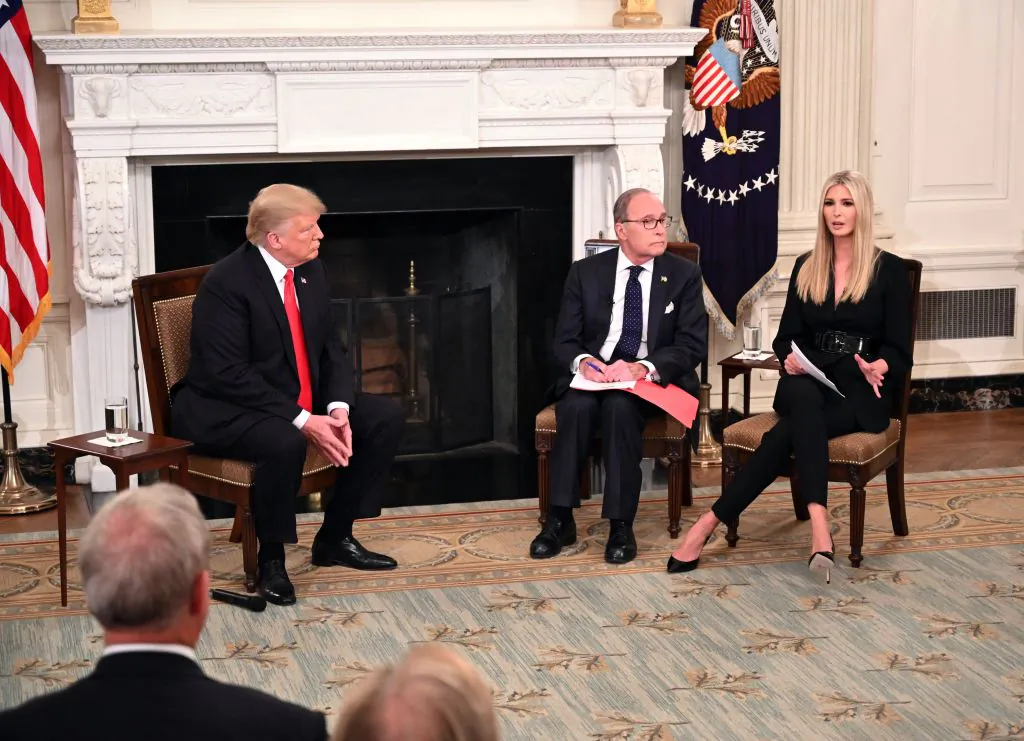 (L-R) US President Donald Trump, Director of the National Economic Council Larry Kudlow listen as Advisor to the President Ivanka Trump speaks at an event for American workers in the State Dining Room of the White House in Washington, DC on October 31, 2018. (Photo by Mandel NGAN / AFP) (Photo credit should read MANDEL NGAN/AFP/Getty Images)