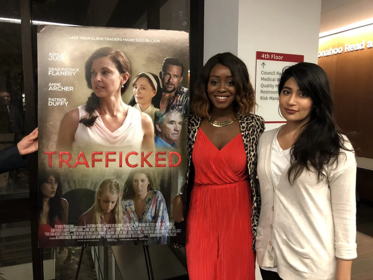 L-R: Actresses Jessica Obilom and Alpa Banker at a "Trafficking" film screening in Glendale, Calif. on Sept. 28. (Annie Wang/The Epoch Times)