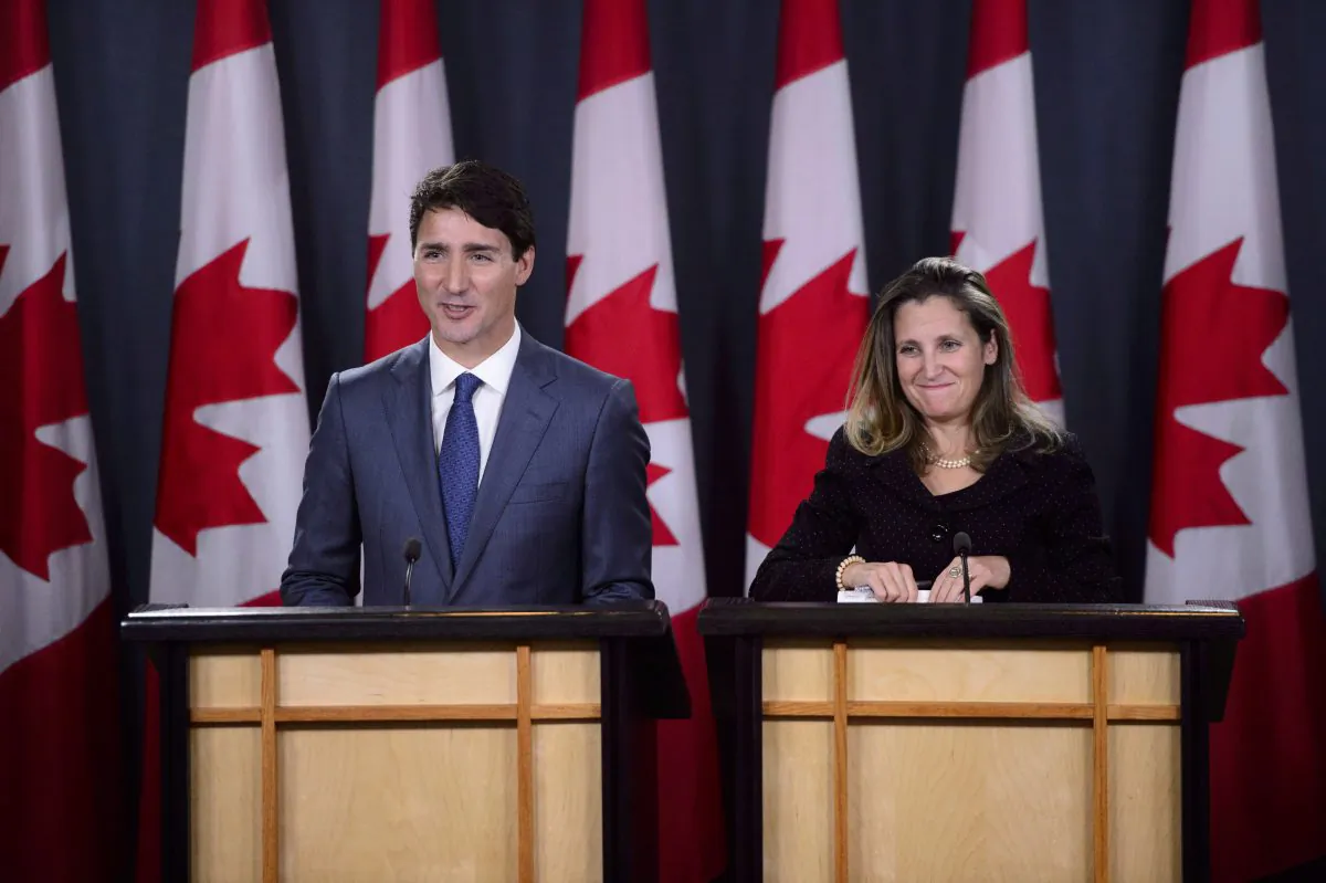 Prime Minister Justin Trudeau and Minister of Foreign Affairs Chrystia Freeland hold a press conference regarding the United States Mexico Canada Agreement (USMCA) in Ottawa on Oct. 1, 2018. (The Canadian Press/Sean Kilpatrick)