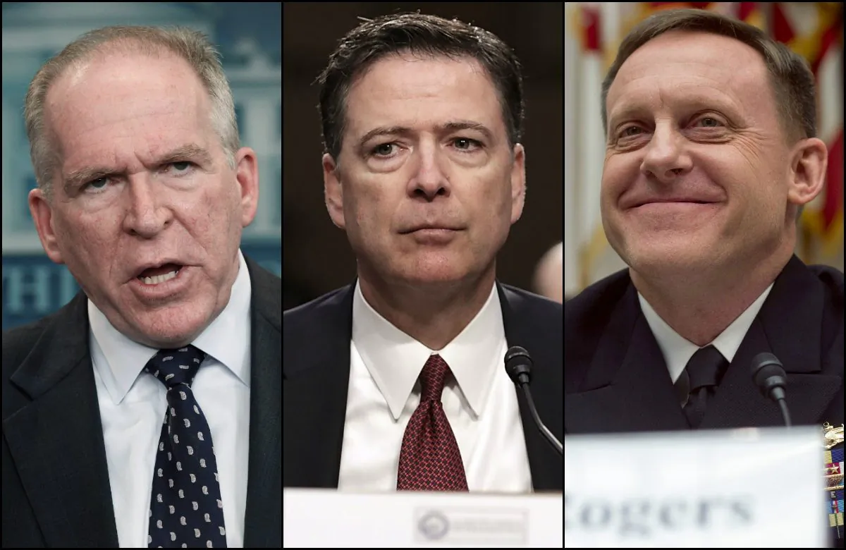 (L-R) Former CIA Director John Brennan, Former FBI Director James Comey, Former NSA Director Admiral Mike Rogers. (Chip Somodevilla/Getty Images & Saul Loeb/AFP/Getty Images)