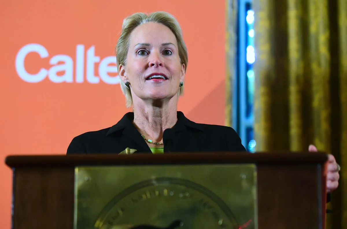 Scientist and Nobel Prize winner Frances Arnold speaks at Caltech in Pasadena, California, during a press conference on October 3, 2018. (Frederic J. Brown/Getty Images)