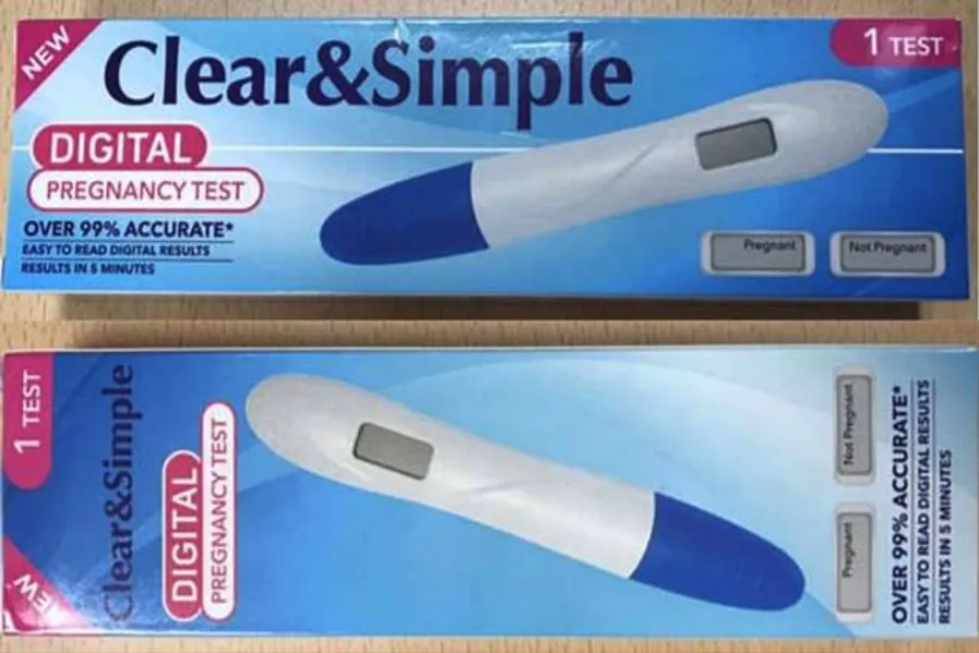 The packaging of the Clear and Simple pregnancy test, for which a recall was issued. following false results, on Oc. 4, 2018. (MHRA)