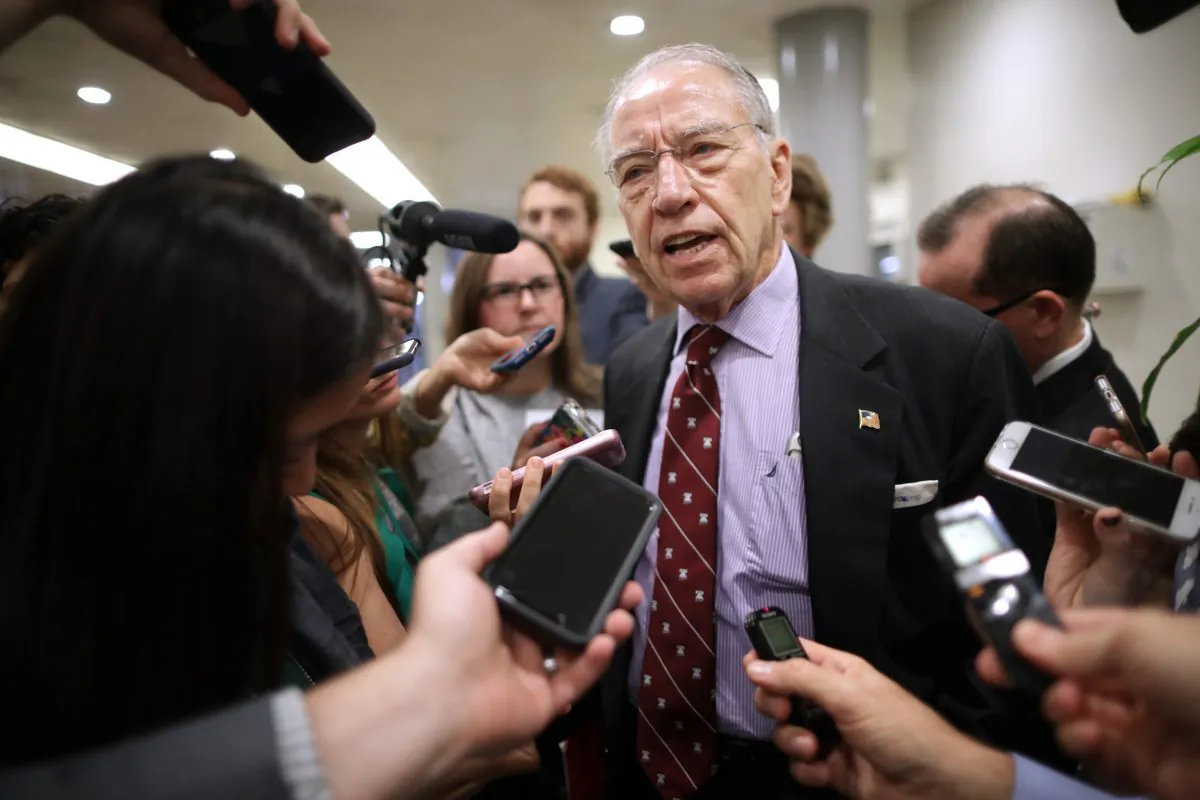 Senate Judiciary Committee Chairman Chuck Grassley (R-Iowa) talks with reporters as he heads for a meeting at the U.S. Capitol in Washington on Oct. 02, 2018. (Chip Somodevilla/Getty Images)