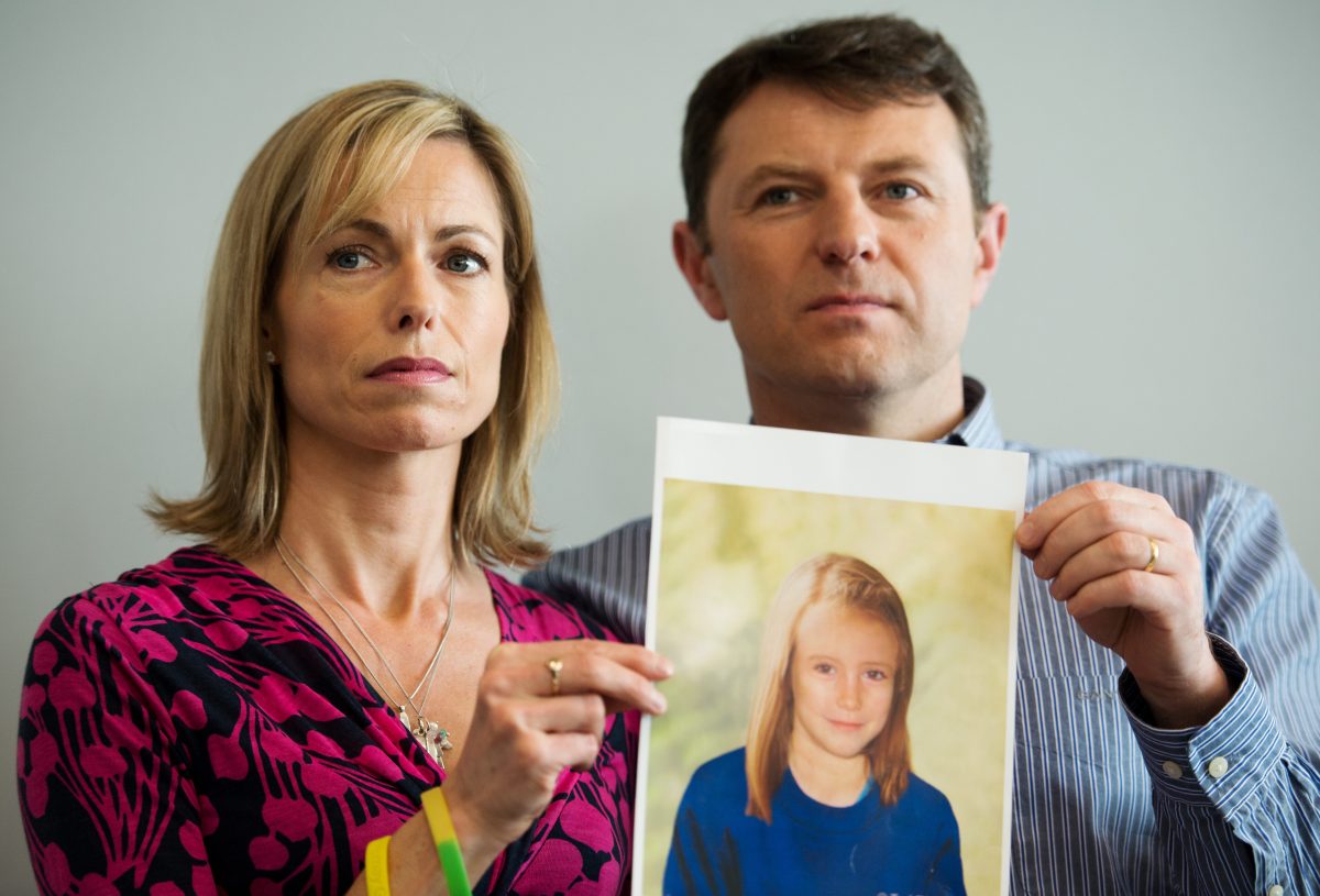 Kate and Gerry McCann pose with an artist's impression of how their daughter might look at the age of nine