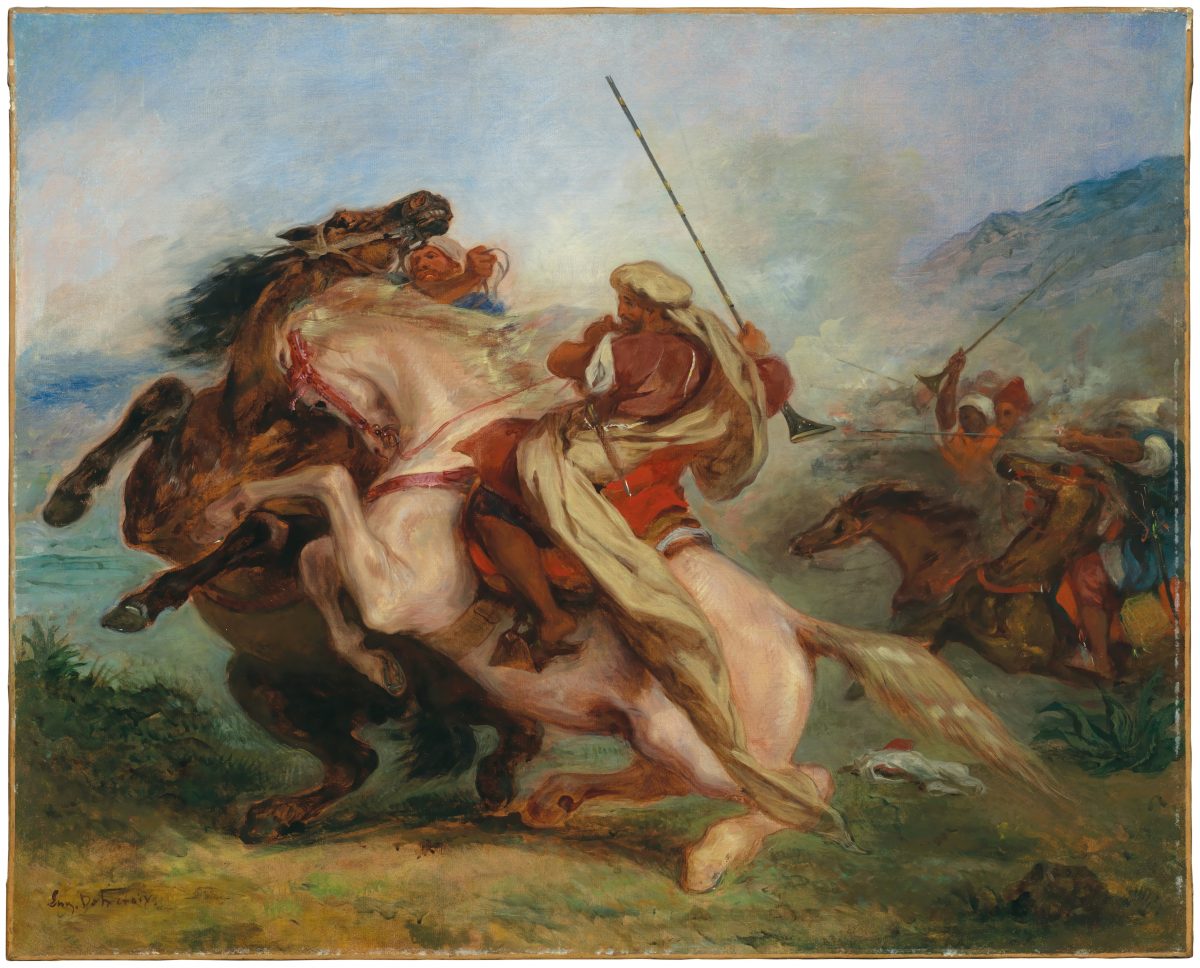 “Collision of Arab Horsemen,” 1833/34, by Eugène Delacroix, (French, 1798–1863). Oil on canvas, 31 11/16 inches by 39 9/16 inches. Private collection. (Alex Jamison)