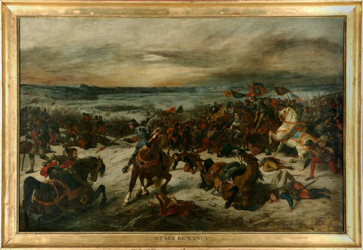 “The Battle of Nancy and the Death of Charles the Bold, Duke of Burgundy, January 5, 1477,” 1831, by Eugène Delacroix, (French, 1798–1863). Oil on canvas, 93 5/16 inches by 11 feet 8 3/16 inches. Courtesy Musée des Beaux-Arts, Nancy (P. Mignot)
