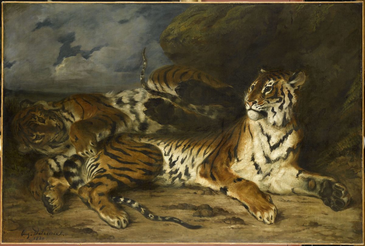 “Young Tiger Playing with Its Mother,” 1830, by Eugène Delacroix, (French, 1798– 1863). Oil on canvas. 51 inches by 77 inches. Musée du Louvre, Paris. (Musée du Louvre) / Franck Raux)