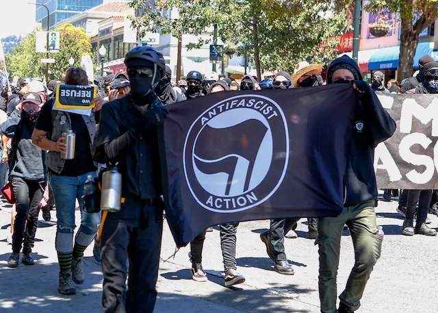 Antifa militants march during a rally in Berkeley, Calif., on Aug. 5, 2018. (Amy Osborne/AFP/Getty Images)
