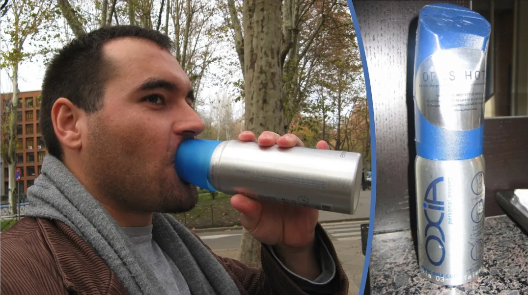 Left frame: In this file photo taken on Dec. 30, 2006, an unidentified man breathes oxygen from a can. (Tnarik Innael via Flickr / CC BY-SA 2.0). Right frame: File photo from April 10, 2006, showing an oxygen puffer in a hotel room, with the caption “You can use the oxygen inside for $15, but if you keep the container, it's an additional $90.” (Joe Goldberg / Flickr CC BY-SA 2.0)