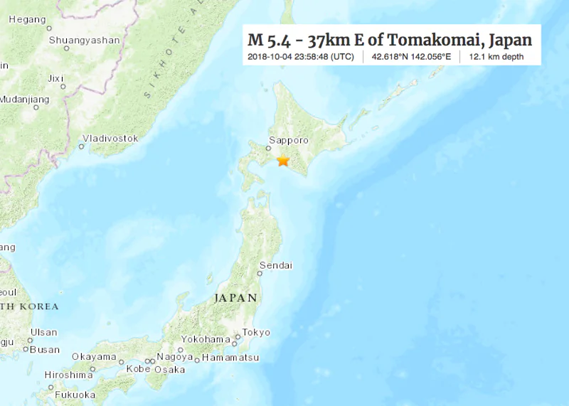 A strong magnitude 5.3 earthquake jolted Japan's northernmost main island of Hokkaido on Oct. 5, 2018. (Screenshot/USGS)